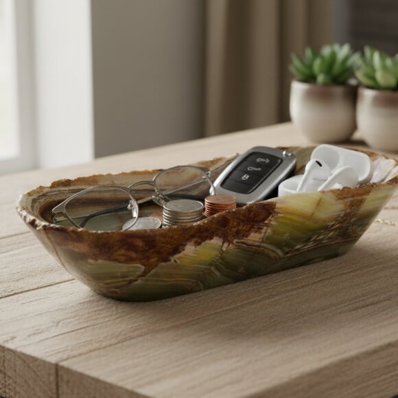 Green Onyx decorative tray, catchall dish, entry way stone bowl, holiday gift - Picture 7 of 11